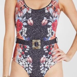 Aqua Blu Floral Black One Piece Swimsuit